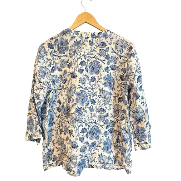 J Jill Linen Top Womens Small Pintucked Tunic Blue Floral Relaxed Cottagecore - Picture 3 of 10